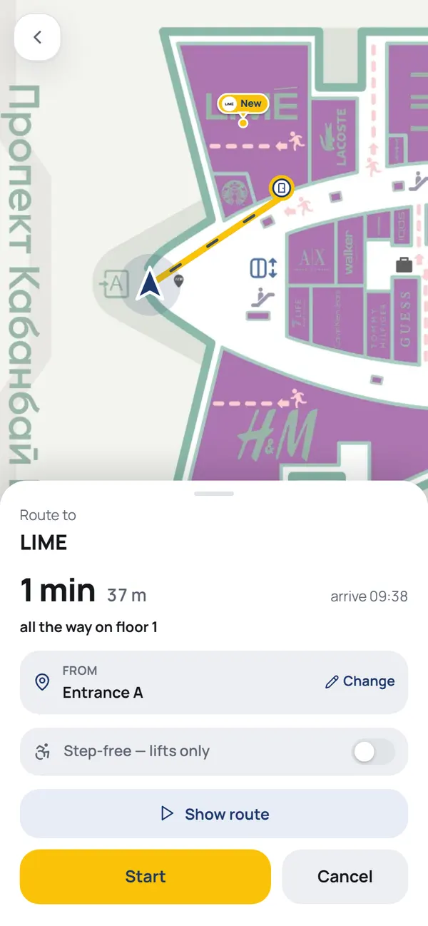 NaviGo route screen: a yellow line to the boutique, travel time and distance