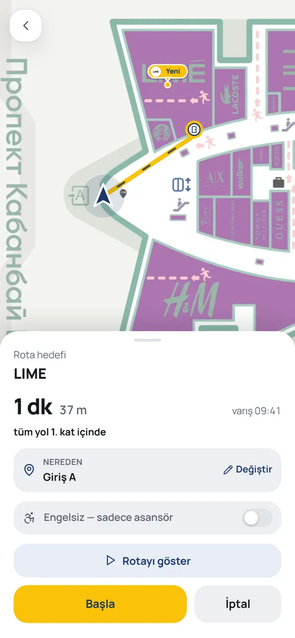NaviGo rota ekranı: mağazaya giden sarı çizgi, yürüme süresi ve mesafe